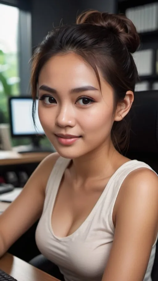 Prompt: RAW photo, pretty young Indonesian woman, 25 year old, (round face, high cheekbones, almond-shaped brown eyes, epicanthic fold, small delicate nose, messy bun dark brown hair), sitting at desk in front of MacBook, supermodel makeup, messy desk, revealing tight thin white sleeveless shirt, huge beautiful bosoms, flirty sweet smile, background sophisticated game developer office, masterpiece, intricate detail, UHD, HDR, 64K, Cinematic film still, shot on v-raptor XL, film grain, vignette, color graded, post-processed, cinematic lighting, 35mm film, live-action, superb quality, atmospheric, a masterpiece, epic, stunning, dramatic, intricate details, HDR, beautifully shot, hyperrealistic, sharp focus, 64 megapixels, perfect composition, high contrast, cinematic, atmospheric, moody