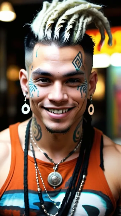 Prompt: Close up portrait shot, frontal view, a handsome cybergoth guy with huge muscular built, flirty smile, heavy cybergoth avant-garde accessories, bangles, ornate body piercings, Sanskrit body tattoos, ornate ornaments, messy bun, dreadlocks hairstyle, in the artstyle of Dan Lam, Aaron Horkey & Andy Warhol, Psychedelic post world as a backdrop in full bokeh effects, Surrealistic, Beautiful, Weird, Elegant, Eerie, Glamorous, Psychedelic, cgi, 3d, 32k, vibrant, realistic, hyperrealistic, photorealistic, cinematic, interesting, exciting, ultra vivid, solid, shiny, maximalist, perfect, masterpiece, intricate details, ultra HDR, beautifully shot, hyperrealistic, sharp focus, 64 megapixels, perfect composition, high contrast, cinematic, atmospheric, moody