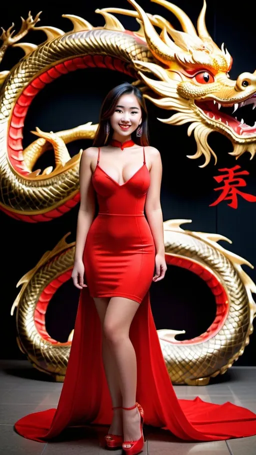 Prompt: Full body shot of an insanely beautiful smiling 21 years old girl, standing stylishly wearing tight fitting bright red dress decorated with dragon motive, bright red eyes, perfect symmetric eyes, supermodel makeup, huge beautiful bosoms, beautiful perfect body, flirty, engulfed by gold Chinese dragon hologram around the girl, super intricate details, hyper detailed photo, 64 megapixels, ultra HDR, beautifully shot, hyperrealistic, super sharp focus, 64 megapixels, perfect composition, high contrast, cinematic, atmospheric, moody, bokeh effects, life like, Nikon Z7ii, Nikkor 85mm f/1.8 1/250 ISO400