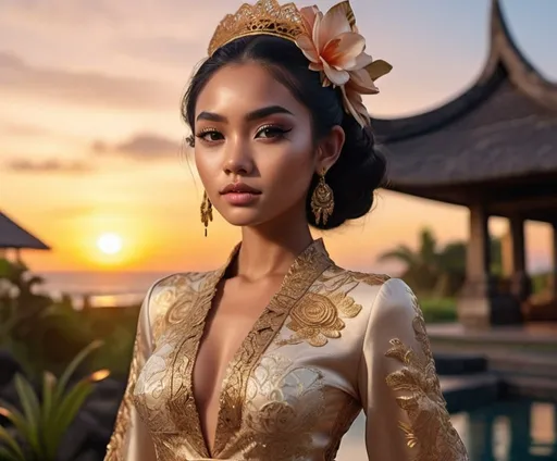 Prompt: Stunning frontal 21 year old Balinese girl fashion shot in avant-garde Kebaya Bali, extra high details, 8k, unreal engine5 rendering, panoramic, sunset at golden hour