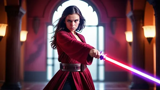 Prompt: A young and beautiful Jedi girl wielding bright violet light saber on the left and red light saber on her hand, huge beautiful bosoms, free flowing hair, looking focused, dynamic attacking action stance, wearing a Jedi robe, fiercely fighting Imperial armies, crimson violet mists and vapors effects, huge Naboo palace hall as a backdrop, bokeh effects, glittering lights, Cinematic film still, shot on v-raptor XL, film grain, vignette, color graded, post-processed, cinematic lighting, 35mm film, live-action, best quality, atmospheric, a masterpiece, epic, stunning, dramatic, intricate details, HDR, beautifully shot, hyperrealistic, sharp focus, 64 megapixels, perfect composition, high contrast, epicanthic fold, cinematic, atmospheric, atmospheric