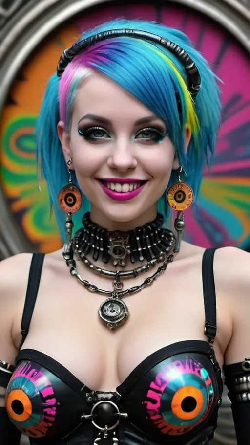 Prompt: Full body shot, frontal view, a beautiful cybergoth girl with huge beautiful bosoms, flirty smile, heavy cybergoth accessories, bangles and ornate ornaments, in the style of Aaron Horkey and Andy Warhol, Psychedelic post world as a backdrop in full bokeh effects, Surrealistic, Beautiful, Weird, Elegant, Eerie, Glamorous, Psychedelic, cgi, 3d, 8k, vibrant, realistic, hyperrealistic, photorealistic, cinematic, interesting, exciting, vivid, solid, shiny, maximalist, perfect, masterpiece, intricate details, HDR, beautifully shot, hyperrealistic, sharp focus, 64 megapixels, perfect composition, high contrast, cinematic, atmospheric, moody