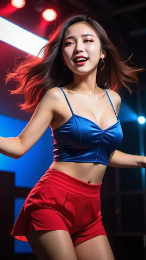 Prompt: Woman in her 20s in Seoul dancing fiercely, joyful expression, beautiful face with pronounced eyebrows, flowing goddess hair, beautiful slim body, big beautiful bosoms, top is a red short party dress, bottom is blue shorts, this is a famous EDM dance club in Seoul, among the many people, the woman stands out. Real photo, Stage lighting, general strobe lights, blue and red strobe lights, Best camera view angle, High definition, panoramic, cinematic, atmospheric, moody, vivid, life like, hyperrealistic, epicanthic fold, ISO400 