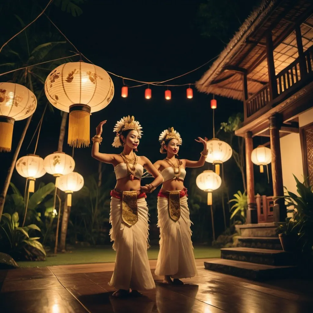 Prompt: Exotic traditional Balinese residence with lush Balinese landscape and exotic penjor stilts. Balinese dancers performing Legong Dance nearby. Night time, glittered with of Balinese lanterns and pendant lights. Cinematic film still, shot on v-raptor XL, film grain, vignette, color graded, post-processed, cinematic lighting, 35mm film, live-action, best quality, atmospheric, a masterpiece, epic, stunning, dramatic