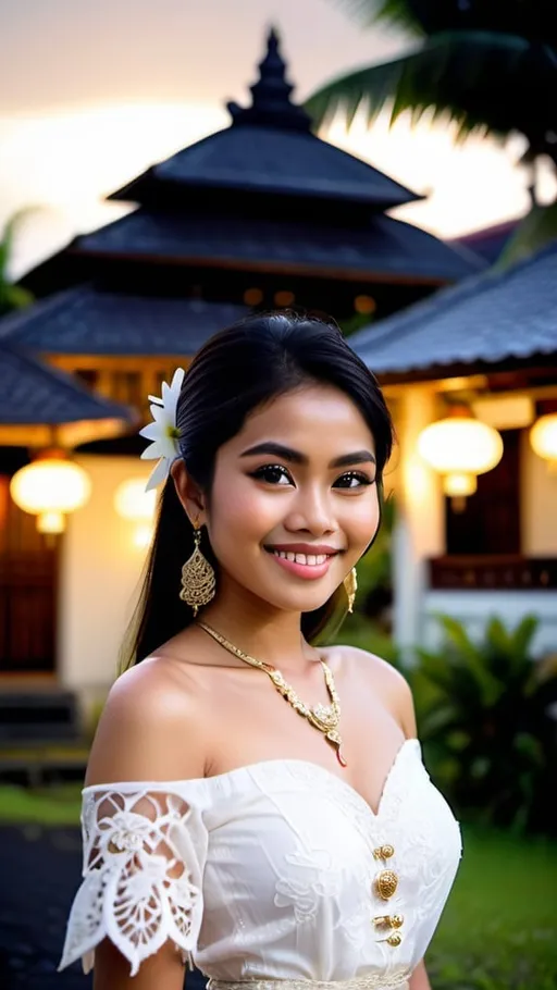 Prompt: A beautiful 21 years old Balinese girl wearing white decorated lace traditional Kebaya Bali, beautifully perfect body shape, large bosoms, smiling sweetly, professional supermodel makeup, wearing traditional Balinese accessories, standing in front of traditional Balinese residence and lush Balinese landscape. Image captured at sunset with glittering Balinese pendant lamps, bokeh effect, perfect composition, high contrast, cinematic, atmospheric, panoramic, moody, 64 megapixels, ISO400 