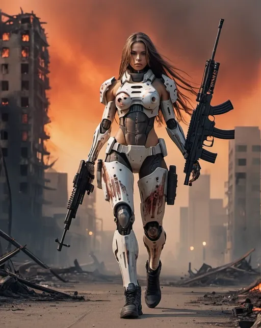 Prompt: A full body view of a beautiful female Cyborg, wearing weary battle gear with free flowing long hair, walking while holding her sophisticated assault rifle. Only her head remains humanlike. Her background is a cityscape burnt down to the ground with fiery red sky. 