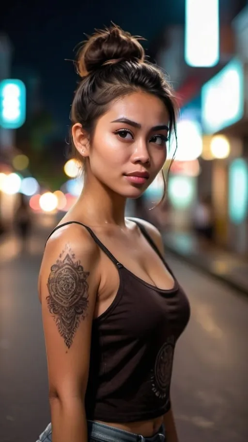 Prompt: A beautiful Balinese girl in her late 20s, central focus with flying kiss gesture and posing dynamically against a gently blurred night city street background, bokeh effects of glittering neon lights, medium build, great bosoms and body, average height, tattoos with ancient Balinese Sanskrit designs, wearing a black tanktop that fits snugly, dark brown hair in a messy bun, serious expression with defiance, strong, independent, radiating confidence and comfort in her own skin, inspiring and empowering beauty, passion and wisdom 