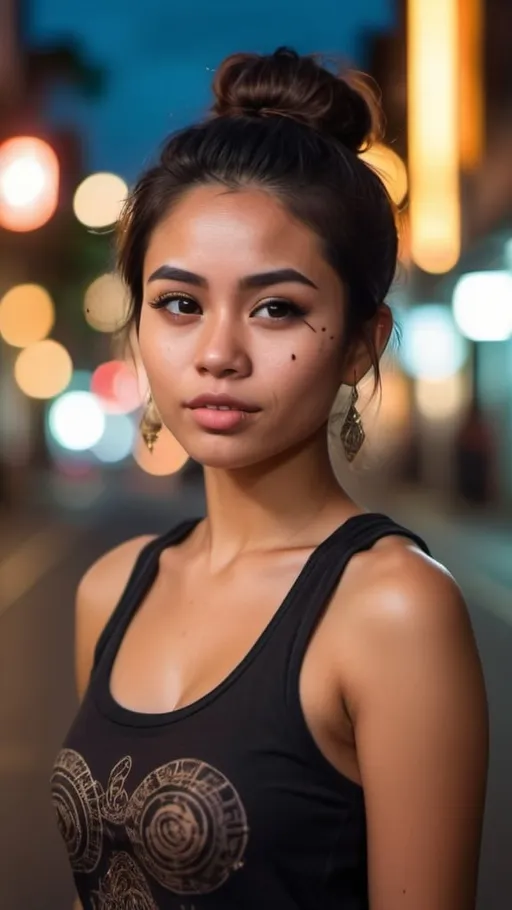 Prompt: A beautiful Balinese girl in her late 20s, central focus with flying kiss gesture and posing dynamically against a gently blurred night city street background, bokeh effects of glittering neon lights, medium build, great bosoms and body, average height, tattoos with ancient Balinese Sanskrit designs, wearing a black tanktop that fits snugly, dark brown hair in a messy bun, serious expression with defiance, strong, independent, radiating confidence and comfort in her own skin, inspiring and empowering beauty, passion and wisdom 