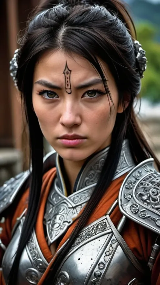 Prompt: Inside the melee of strife, despite the strength of powerful enemies and evocative visions, Ronin stays firm with her single eye unshifting and her emotions unchanged—a castle to keep evil intentions far from her nature. Perfect symmetric eyes, flirtatious, intricate details, hyper detailed, 64 megapixels, intricate details, ultra HDR, beautifully shot, hyperrealistic, sharp focus, 64 megapixels, perfect composition, high contrast, cinematic, atmospheric, moody, Nikon Z7ii, Nikkor 85mm f/1.8 1/250 ISO400