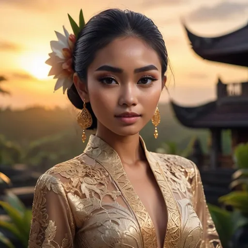 Prompt: Stunning frontal 21 year old Balinese girl fashion shot in avant-garde Kebaya Bali, extra high details, 8k, unreal engine5 rendering, panoramic, sunset at golden hour