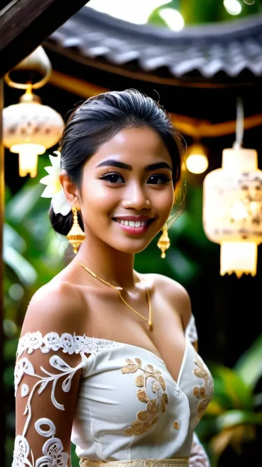 Prompt: A beautiful 21 years old Balinese girl wearing white decorated lace traditional Kebaya Bali, beautifully perfect body shape, large bosoms, smiling sweetly, professional supermodel makeup, wearing traditional Balinese accessories, standing in front of traditional Balinese residence and lush Balinese landscape. Image captured at sunset with glittering Balinese pendant lamps, bokeh effect, perfect composition, high contrast, cinematic, atmospheric, panoramic, moody, 64 megapixels, ISO400 