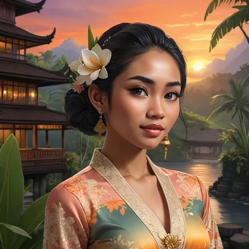 Prompt: Generate a lifelike portrayal of a 21-year-old Balinese woman wearing a Kebaya Bali, surrounded by lush scenery and traditional architecture under a captivating sunset. Emphasize Balinese beauty and culture with meticulous detail and vibrant colors, aiming for an art deco-inspired aesthetic for a serene atmosphere.