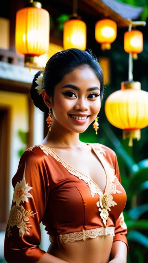 Prompt: A beautiful 21 years old Balinese girl wearing dark orange decorated lace traditional Kebaya Bali, beautifully perfect body shape, large bosoms, smiling sweetly, professional supermodel makeup, wearing traditional Balinese accessories, standing in front of traditional Balinese residence and lush Balinese landscape. Image captured at sunset with glittering Balinese pendant lamps, bokeh effect, perfect composition, high contrast, epicanthic fold, cinematic, atmospheric, panoramic, moody, 64 megapixels, ISO400 