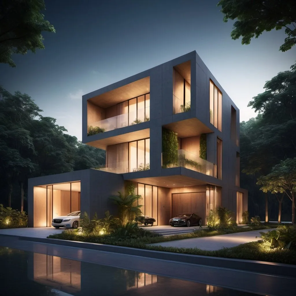 Prompt: Ultra luxury residence, single storey, organic spatial configurations, hybrid boxy and liquid like facade, near riverside with lush forest at the background, hints of Brutalist Architecture, at night with ambience warm lighting. 