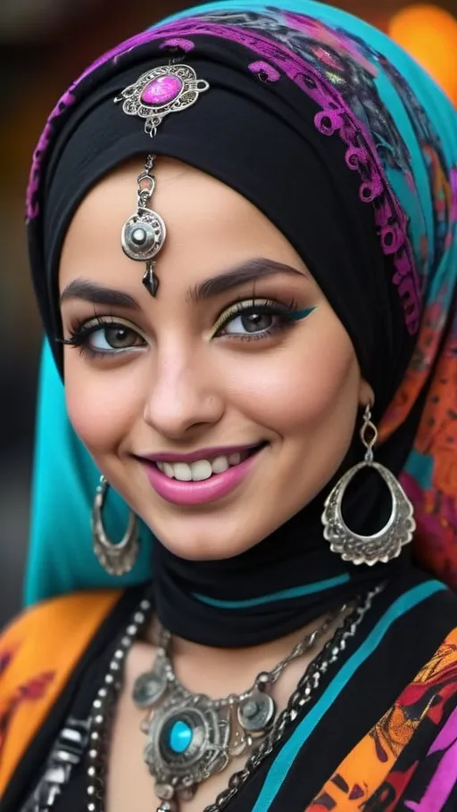 Prompt: Close up portrait shot, frontal view, a beautiful flamboyant Hijabi Palestinian girl with huge beautiful bosoms, flirty smile, ornate cybergoth accessories, bangles, ornate nose piercings, ornate ornaments, in the style of Dan Lam, Aaron Horkey & Andy Warhol, Psychedelic post world as a backdrop in full bokeh effects, Surrealistic, Beautiful, Weird, Elegant, Eerie, Glamorous, Psychedelic, cgi, 3d, 32k, vibrant, realistic, hyperrealistic, photorealistic, cinematic, interesting, exciting, ultra vivid, super solid, shiny, maximalist, perfect, masterpiece, intricate details, HDR, beautifully shot, hyperrealistic, sharp focus, 64 megapixels, perfect composition, high contrast, cinematic, atmospheric, moody