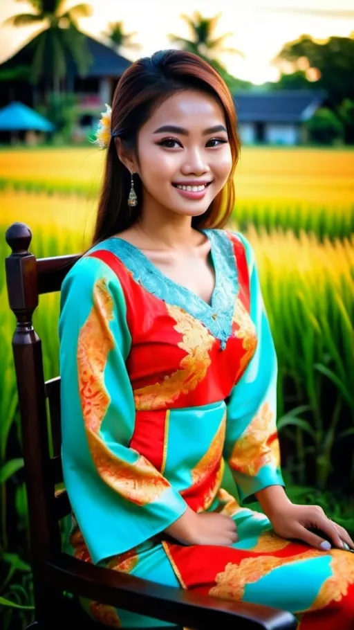 Prompt: A stunningly beautiful 21-year-old Malaysian girl, perfectly shape body, big beautiful bosoms, wearing traditional baju kurung, smiling sweetly, supermodel makeup, sitting leisurely on an antique wooden chair, in front of lush beautiful paddy field and traditional Malay residence, beautiful sunset, warm glittering lights nearby, serene mood, ray tracing, grainy film effects, bokeh effects, lens flare, panoramic, atmospheric, ultra hyperrealistic, ultra HDR, beautifully shot, sharp focus, 64 megapixels, perfect composition, high contrast, intricate details, Nikon Z7ii, Nikkor 85mm f/1.8 1/250 ISO400