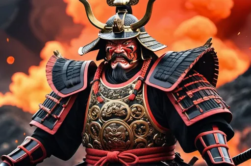 Prompt: A close up view of a fearsome and ruthless Shogun lord in full Samurai battle gear, backed by his Samurai armies, fiery reddish environment with gigantic volcanic eruption from behind the scene, vivid color, epic realism intricate details, HDR, beautifully shot, hyperrealistic, sharp focus, 64 megapixels, perfect composition, high contrast, cinematic, atmospheric, moody, panoramic, bokeh, image captured with Hassleblad, realistic