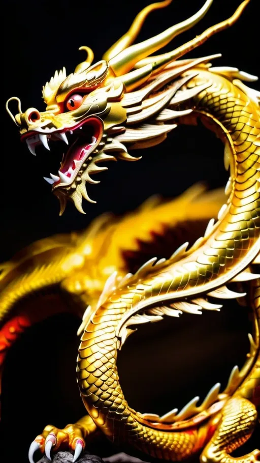 Prompt: The ever regal golden Chinese Dragon in full majestic attacking appearance. Glowing eyes, intricate details of scales, limbs and talons. Perfect composition, vivid majestic colors, epicanthic fold, cinematic, panoramic, atmospheric, moody, 64 megapixels, ultra HDR, hyperrealistic, extensive Unreal rendering, Nikon Z7ii, Nikkor 85mm f/1.8 1/250 ISO400