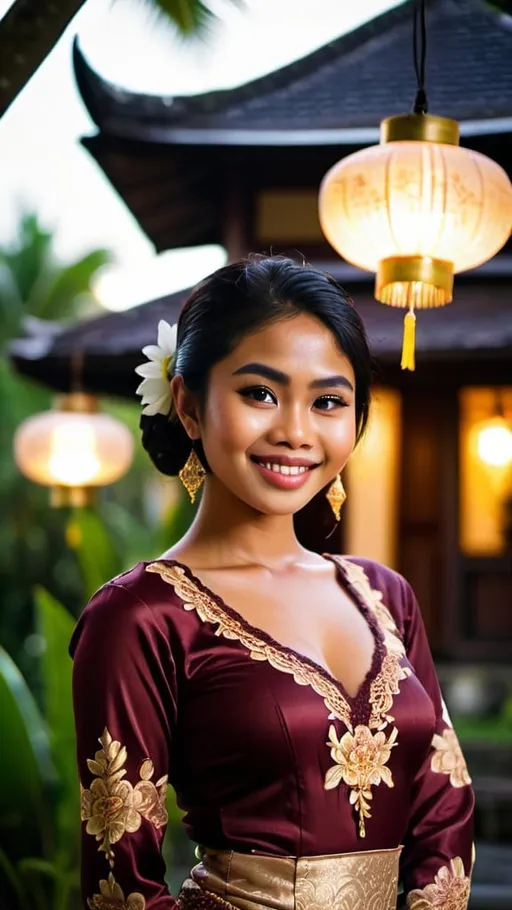 Prompt: A beautiful 21 years old Balinese girl wearing dark maroon decorated lace traditional Kebaya Bali, beautifully perfect body shape, large bosoms, smiling sweetly, professional supermodel makeup, wearing traditional Balinese accessories, standing in front of traditional Balinese residence and lush Balinese landscape. Image captured at sunset with glittering Balinese pendant lamps, bokeh effect, perfect composition, high contrast, epicanthic fold, cinematic, atmospheric, panoramic, moody, 64 megapixels, ISO400 
