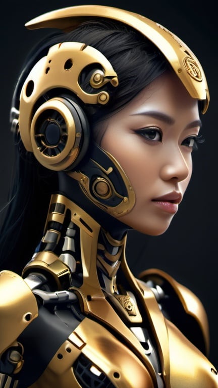 Prompt: create a mecha female cyborg, gold and black concept, hi tech design , the design armor was based on Malaysian kerawang batik motifs, matte titanium , the mask fully hi tech concept with some Malaysian batik embossed pattern, dramatic mood , wear a scarf at neck zone, cinematic , dramatic shadow , intricate, intricate details, ultra HDR, beautifully shot, hyperrealistic, sharp focus, 64 megapixels, perfect composition, high contrast, cinematic, atmospheric, moody