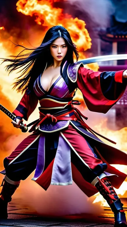 Prompt: full body photo, a beautiful female warrior in full-armored battle gear, huge beautiful bosoms, attacking hands and legs pose, free flowing long black hair, holding a legendary fiery Samurai sword, fiery moist and misty background, dragon art, Japanese empire palace, violet and crimson misty effects, ultimate rage style, artistic professional photography, aesthetic, Loop Lighting, intricate details, HDR, beautifully shot, hyperrealistic, sharp focus, 64 megapixels, perfect composition, high contrast, cinematic, atmospheric, moody, photo