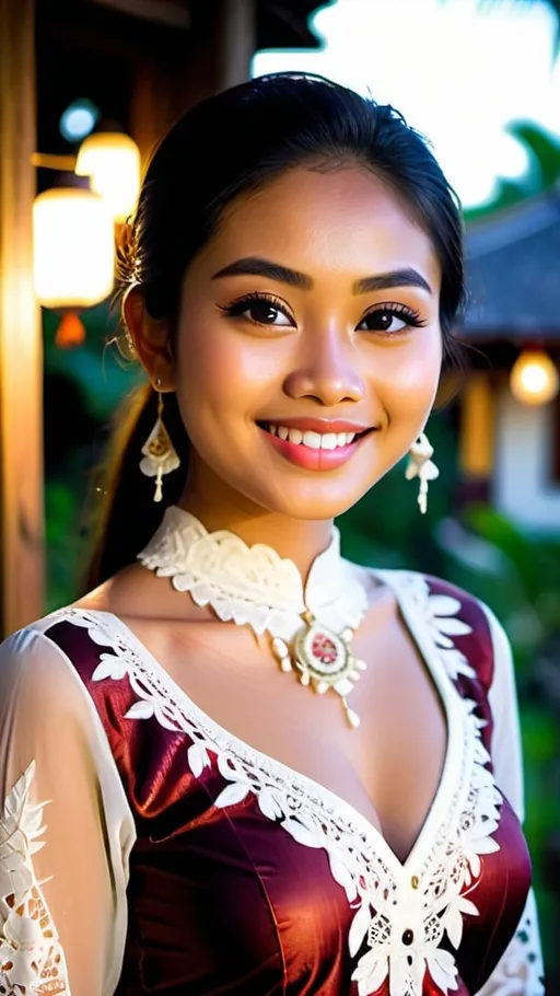 Prompt: A beautiful 21 years old Balinese girl wearing white decorated lace traditional Kebaya Bali, beautifully perfect body shape, large bosoms, smiling sweetly, professional supermodel makeup, wearing traditional Balinese accessories, standing in front of traditional Balinese residence and lush Balinese landscape. Image captured at sunset with glittering Balinese pendant lamps, bokeh effect, perfect composition, high contrast, cinematic, atmospheric, panoramic, moody, 64 megapixels, ISO400 