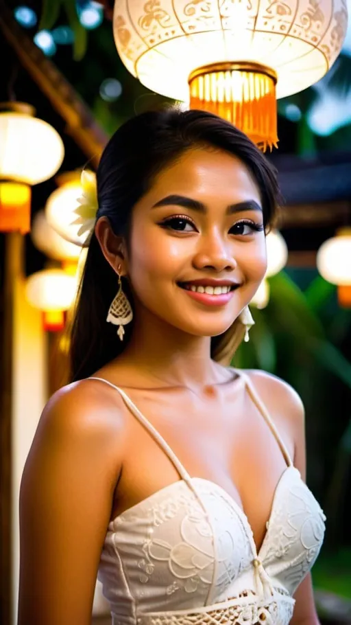 Prompt: A beautiful 21 years old Balinese girl wearing white decorated lace traditional Kebaya Bali, beautifully perfect body shape, large bosoms, smiling sweetly, professional supermodel makeup, wearing traditional Balinese accessories, standing in front of traditional Balinese residence and lush Balinese landscape. Image captured at sunset with glittering Balinese pendant lamps, bokeh effect, perfect composition, high contrast, cinematic, atmospheric, panoramic, moody, 64 megapixels, ISO400 