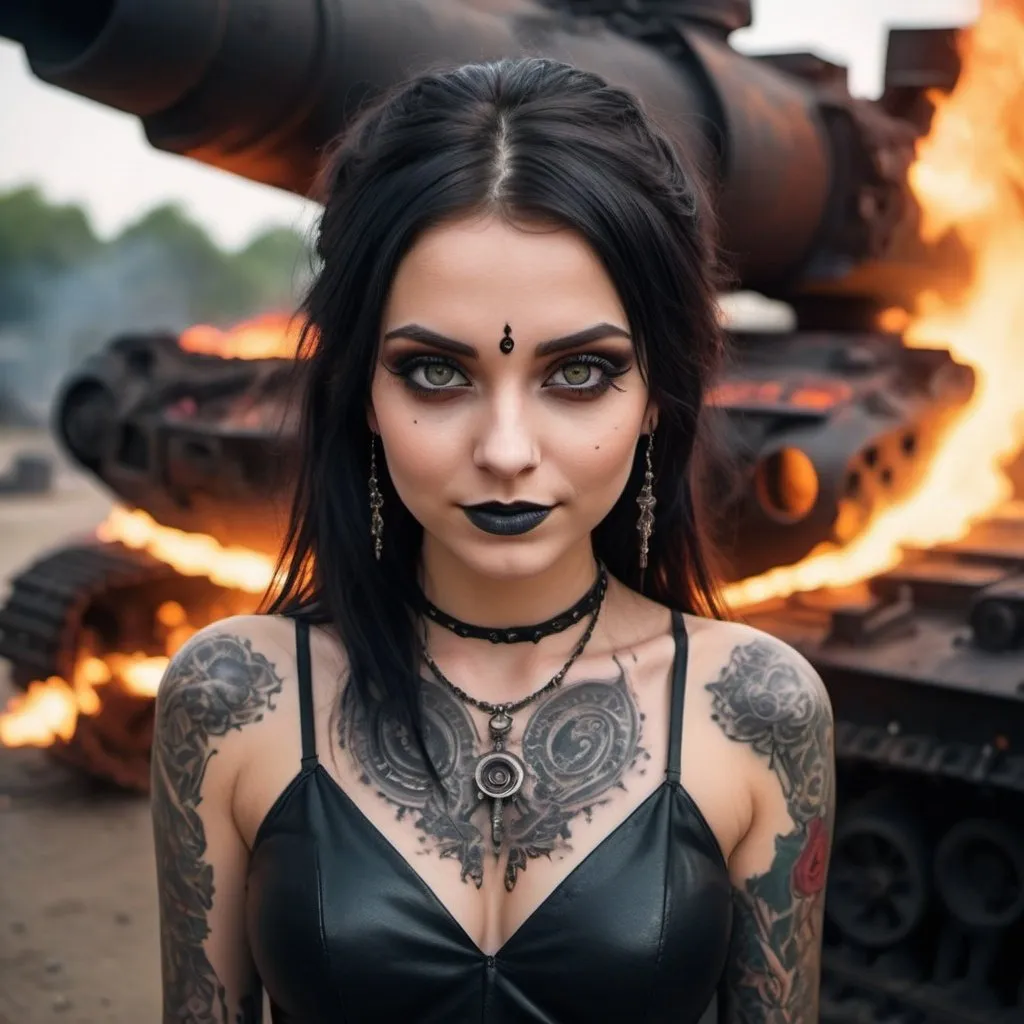 Prompt: Top view of a stunningly beautiful girl, perfectly shaped body, dressed in black dress, emitting fiery fire engulfed around her. Both of her hands emitting red hot glowing fire, she is smiling flirtatiously. She is standing behind a burning wrecked battle tank. Her slightly large eyes are glowing bright red looking at the camera, wearing goth makeup and sanskrit tattoos. intricate details, HDR, beautifully shot, hyperrealistic, sharp focus, 64 megapixels, perfect composition, high contrast, cinematic, atmospheric, moody. Image shots are professionally captured with real photo imagery, life like and super sharp at ISO400.