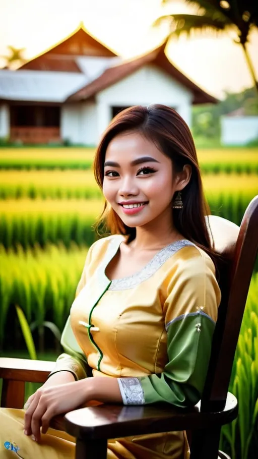 Prompt: A stunningly beautiful 21-year-old Malaysian girl, perfectly shape body, big beautiful bosoms, wearing traditional baju kurung, smiling sweetly, supermodel makeup, sitting leisurely on an antique wooden chair, in front of lush beautiful paddy field and traditional Malay residence, beautiful sunset, warm glittering lights nearby, serene mood, ray tracing, grainy film effects, bokeh effects, lens flare, panoramic, atmospheric, ultra hyperrealistic, ultra HDR, beautifully shot, sharp focus, 64 megapixels, perfect composition, high contrast, intricate details, Nikon Z7ii, Nikkor 85mm f/1.8 1/250 ISO400