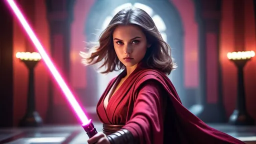 Prompt: A young and beautiful Jedi girl wielding bright violet light saber on the left and red light saber on her hand, huge beautiful bosoms, free flowing hair, looking focused, dynamic attacking action stance, wearing a Jedi robe, fiercely fighting Imperial armies, crimson violet mists and vapors effects, huge Naboo palace hall as a backdrop, bokeh effects, glittering lights, Cinematic film still, shot on v-raptor XL, film grain, vignette, color graded, post-processed, cinematic lighting, 35mm film, live-action, best quality, atmospheric, a masterpiece, epic, stunning, dramatic, intricate details, HDR, beautifully shot, hyperrealistic, sharp focus, 64 megapixels, perfect composition, high contrast, epicanthic fold, cinematic, atmospheric, atmospheric