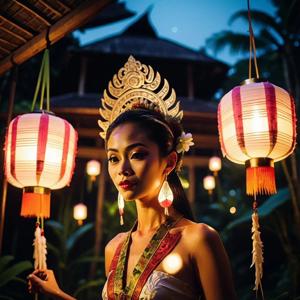 Prompt: Exotic traditional Balinese residence with lush Balinese landscape and exotic penjor stilts. Balinese dancers performing Legong Dance nearby. Night time, glittered with of Balinese lanterns and pendant lights. Cinematic film still, shot on v-raptor XL, film grain, vignette, color graded, post-processed, cinematic lighting, 35mm film, live-action, best quality, atmospheric, a masterpiece, epic, stunning, dramatic