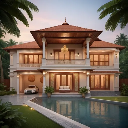 Prompt: Generate a high-resolution, professional-quality image of a luxurious 1-story residence inspired by the rhythm of Bharatanatyam Indian classical dance. The residence should accommodate the basic needs of a family of five, including a husband, wife, 20-year-old son, and 18-year-old daughter. The design should exude joy and happiness, reflecting a classic story. Additionally, include a separate guest house connected to the main residence by a steel bridge over a small river. The entire structure should be clad in copper and aluminum for a distinctive metallic look, set amidst lush tropical forest surroundings. Capture the image during sunset, with warm ambient lighting to create a cinematic atmosphere.