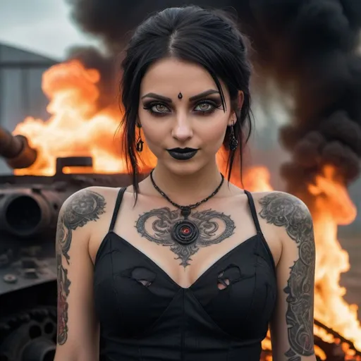 Prompt: Top view of a stunningly beautiful girl, perfectly shaped body, dressed in black dress, emitting fiery fire engulfed around her. Both of her hands emitting red hot glowing fire, she is smiling flirtatiously. She is standing behind a burning wrecked battle tank. Her slightly large eyes are glowing bright glowing red looking at the camera, wearing goth makeup and sanskrit tattoos. intricate details, HDR, beautifully shot, hyperrealistic, sharp focus, 64 megapixels, perfect composition, high contrast, cinematic, atmospheric, moody. Image shots are professionally captured with real photo imagery, life like and super sharp at ISO400.