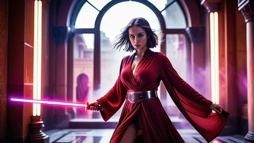 Prompt: A young and beautiful Jedi girl wielding bright violet light saber on the left and red light saber on her hand, huge beautiful bosoms, free flowing hair, looking focused, dynamic attacking action stance, wearing a Jedi robe, fiercely fighting Imperial armies, crimson violet mists and vapors effects, huge Naboo palace hall as a backdrop, bokeh effects, glittering lights, Cinematic film still, shot on v-raptor XL, film grain, vignette, color graded, post-processed, cinematic lighting, 35mm film, live-action, best quality, atmospheric, a masterpiece, epic, stunning, dramatic, intricate details, HDR, beautifully shot, hyperrealistic, sharp focus, 64 megapixels, perfect composition, high contrast, epicanthic fold, cinematic, atmospheric, atmospheric