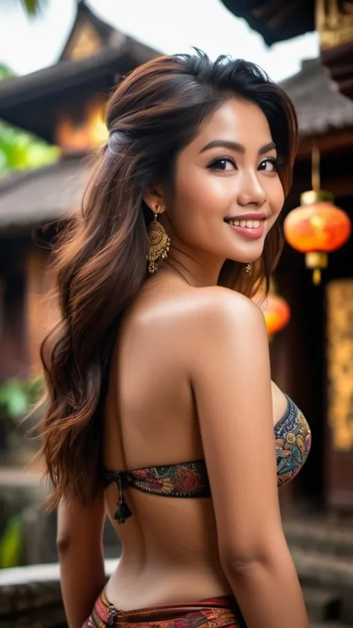 Prompt: A gorgeously beautiful 20 years old girl, long dark auburn free flowing hair, huge beautiful bosoms, low angle portrait, slightly seen from back, looking at viewer, detailed face, beautiful detailed lips, adorable flirty smile, strapless, backless, shoulderless, intricate detailed vibrant ancient Balinese tattoo on back body, Balinese house as backdrop, bokeh effects, epic cinematic brilliant stunning intricate meticulously detailed dramatic atmospheric maximalist digital matte painting, 16k HDR