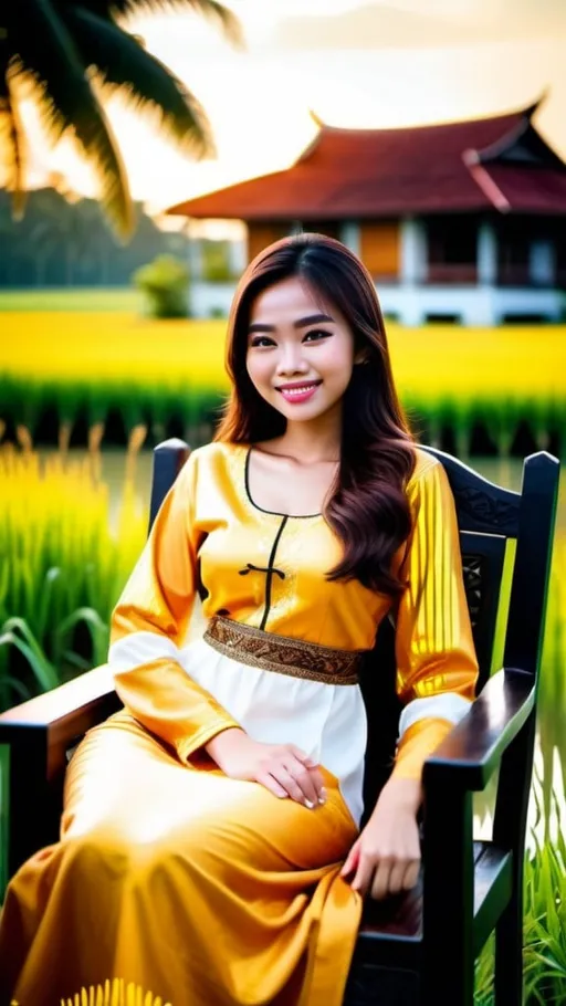 Prompt: A stunningly beautiful 21-year-old Malaysian girl, perfectly shape body, big beautiful bosoms, wearing traditional baju kurung, smiling sweetly, supermodel makeup, sitting leisurely on an antique wooden chair, in front of lush beautiful paddy field and traditional Malay residence, beautiful sunset, warm glittering lights nearby, serene mood, ray tracing, grainy film effects, bokeh effects, lens flare, panoramic, atmospheric, ultra hyperrealistic, ultra HDR, beautifully shot, sharp focus, 64 megapixels, perfect composition, high contrast, intricate details, Nikon Z7ii, Nikkor 85mm f/1.8 1/250 ISO400