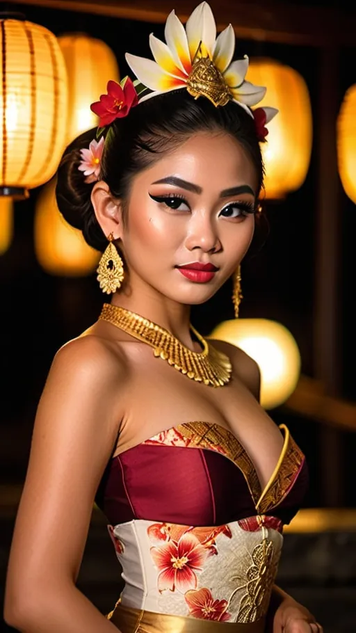 Prompt: Stunning frontal 21 year old Balinese girl fashion shot, performing Legong Dance in ultra luxurious avant-garde Kebaya Bali, big beautiful bosoms, super high intricate details, 64 megapixels, background sunset ambience, glittering warm strobe lights, ultra HDR, cinematic, panoramic, atmospheric, hyperrealistic, Nikon Z7ii, Nikkor 85mm f/1.8 1/250 ISO400