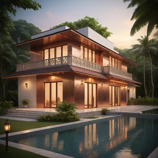 Prompt: Generate a high-resolution, professional-quality image of a luxurious 1-story residence inspired by the rhythm of Bharatanatyam Indian classical dance. The residence should accommodate the basic needs of a family of five, including a husband, wife, 20-year-old son, and 18-year-old daughter. The design should exude joy and happiness, reflecting a classic story. Additionally, include a separate guest house connected to the main residence by a steel bridge over a small river. The entire structure should be clad in copper and aluminum for a distinctive metallic look, set amidst lush tropical forest surroundings. Capture the image during sunset, with warm ambient lighting to create a cinematic atmosphere.