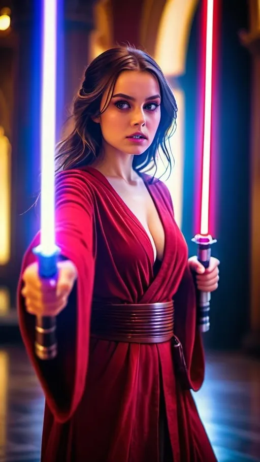 Prompt: A young and beautiful Jedi girl wielding bright violet light saber on the left and red light saber on her hand, huge beautiful bosoms, free flowing hair, looking focused, dynamic attacking action stance, wearing a Jedi robe, fiercely fighting Imperial armies, crimson violet mists and vapors effects, huge Naboo palace hall as a backdrop, bokeh effects, glittering lights, Cinematic film still, shot on v-raptor XL, film grain, vignette, color graded, post-processed, cinematic lighting, 35mm film, live-action, best quality, atmospheric, a masterpiece, epic, stunning, dramatic, intricate details, HDR, beautifully shot, hyperrealistic, sharp focus, 64 megapixels, perfect composition, high contrast, epicanthic fold, cinematic, atmospheric, atmospheric