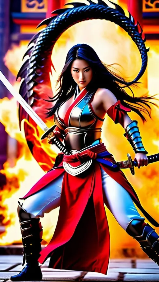 Prompt: full body photo, a beautiful female warrior in full-armored battle gear, huge beautiful bosoms, attacking hands and legs pose, free flowing long black hair, holding a legendary fiery Samurai sword, fiery moist and misty background, dragon art, Japanese empire palace, violet and crimson misty effects, ultimate rage style, artistic professional photography, aesthetic, Loop Lighting, intricate details, HDR, beautifully shot, hyperrealistic, sharp focus, 64 megapixels, perfect composition, high contrast, cinematic, atmospheric, moody, photo