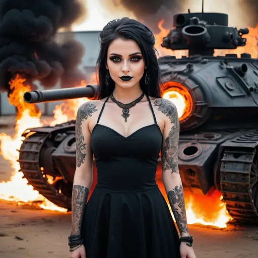 Prompt: Top view of a stunningly beautiful girl, perfectly shaped body, dressed in black dress, emitting fiery fire engulfed around her. Both of her hands emitting red hot glowing fire, she is smiling flirtatiously. She is standing behind a burning wrecked battle tank. Her slightly large eyes are glowing bright glowing red looking at the camera, wearing goth makeup and sanskrit tattoos. intricate details, HDR, beautifully shot, hyperrealistic, sharp focus, 64 megapixels, perfect composition, high contrast, cinematic, atmospheric, moody. Image shots are professionally captured with real photo imagery, life like and super sharp at ISO400.