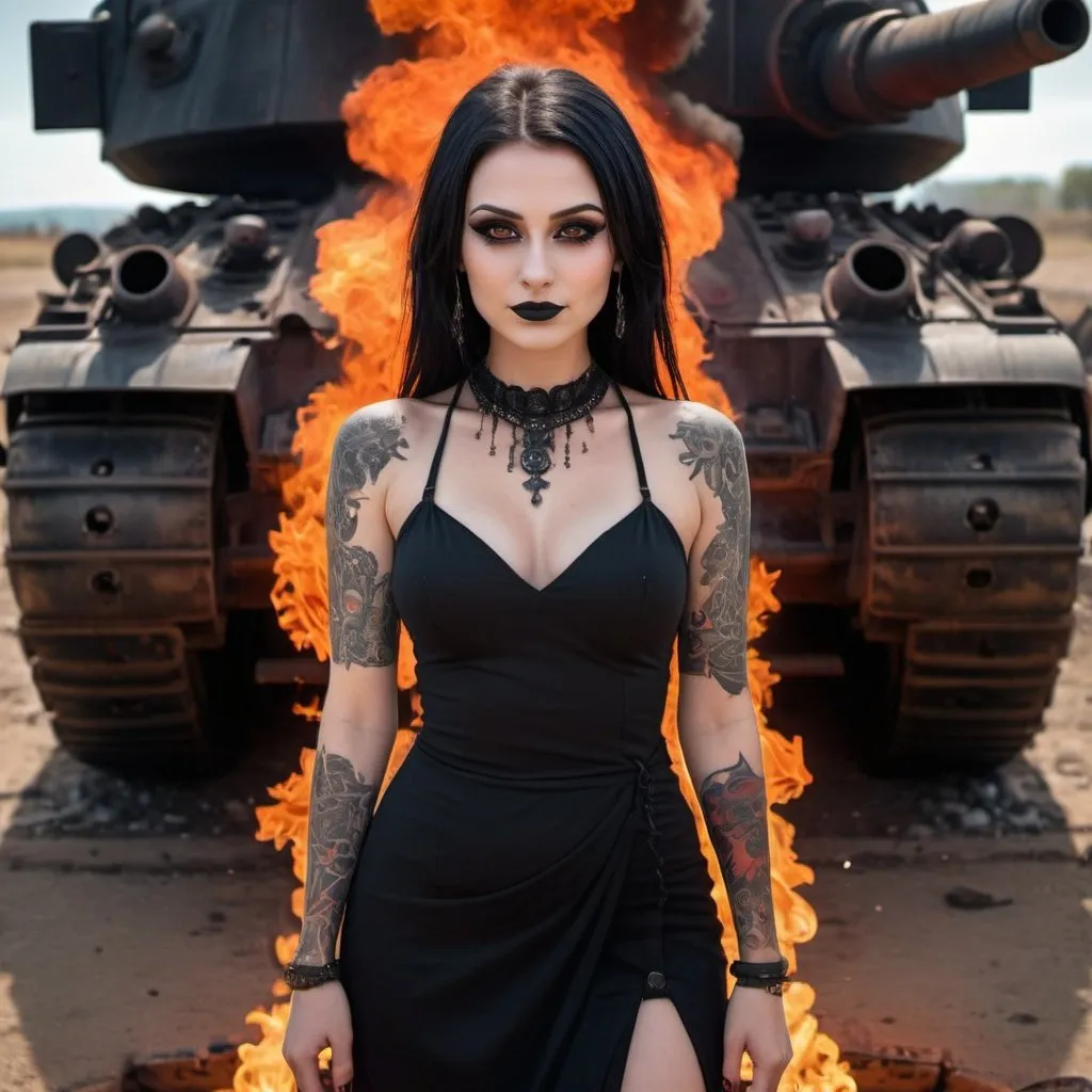 Prompt: Top view of a stunningly beautiful girl, perfectly shaped body, dressed in black dress, emitting fiery fire engulfed around her. Both of her hands emitting red hot glowing fire, she is smiling flirtatiously. She is standing behind a burning wrecked battle tank. Her slightly large eyes are glowing bright red looking at the camera, wearing goth makeup and sanskrit tattoos. intricate details, HDR, beautifully shot, hyperrealistic, sharp focus, 64 megapixels, perfect composition, high contrast, cinematic, atmospheric, moody. Image shots are professionally captured with real photo imagery, life like and super sharp at ISO400.