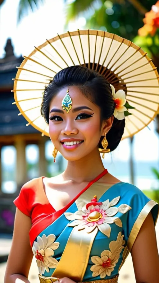 Prompt: Stunning frontal 21 year old Balinese princess fashion shot in regal avant-garde Kebaya Bali, beautifully perfect body shape, huge beautiful bosoms, regal smile, flirtatious, wearing Balinese traditional gold accessories, lush Balinese landscape and Balinese palace background, intricate Balinese scripture on the walls, colorful parasols, backed by traditional Balinese dancers, extra high details, superb unreal rendering, panoramic, atmospheric, ultra HDR, vivid, depth of field, bokeh, ultra realistic appearance, life like appearance, 64 megapixels, moody, romantic