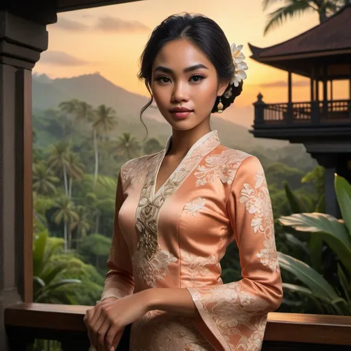 Prompt: Generate a breathtakingly realistic depiction of a 21-year-old Balinese woman elegantly dressed in a Kebaya Bali, amidst the enchanting backdrop of lush Balinese scenery and traditional architecture, illuminated by the warm glow of a captivating sunset. The scene should exude the essence of Balinese beauty and culture, with meticulous attention to detail and vibrant colors that enhance the serene atmosphere. Aim for an art deco-inspired aesthetic, ensuring a serene and captivating portrayal.