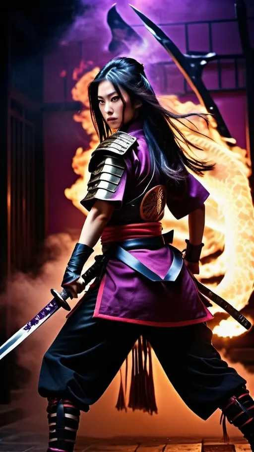 Prompt: fullbody photo, Japanese female warrior full-armored battle gear, attacking legs pose, free flowing long black hair, holding a legendary blizzard Samurai sword, fiery moist background, dragon art, Japanese empire, violet and crimson effect, rage style, artistic Professional photography, aesthetic, Loop Lighting, Cinematic film still, shot on v-raptor XL, film grain, vignette, color graded, post-processed, cinematic lighting, 35mm film, live-action, best quality, atmospheric, a masterpiece, epic, stunning, dramatic, intricate details, HDR, beautifully shot, hyperrealistic, sharp focus, 64 megapixels, perfect composition, high contrast, cinematic, atmospheric, moody