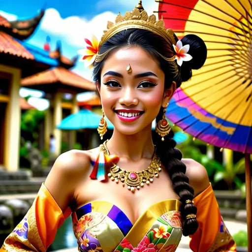 Prompt: Stunning frontal 21 year old Balinese princess fashion shot in regal avant-garde Kebaya Bali, radiant regal smile, wearing golden bracelets, lush Balinese landscape and Balinese palace background, intricate Balinese scripture on the walls, colorful parasols, backed by traditional Balinese dancers, extra high details, 8k, unreal engine5 rendering, panoramic, HDR, vivid, depth of field, bokeh, ultra realistic appearance, life like appearance.