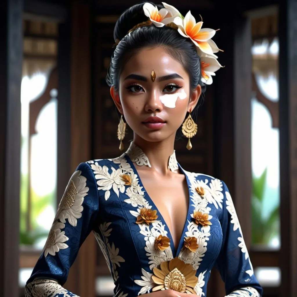 Prompt: Stunning frontal 21 year old Balinese girl fashion shot in avant-garde Kebaya Bali, extra high details, 8k, unreal engine5 render, HDR