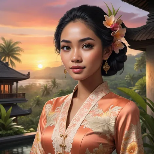 Prompt: Generate a lifelike portrayal of a 21-year-old Balinese woman wearing a Kebaya Bali, surrounded by lush scenery and traditional architecture under a captivating sunset. Emphasize Balinese beauty and culture with meticulous detail and vibrant colors, aiming for an art deco-inspired aesthetic for a serene atmosphere.