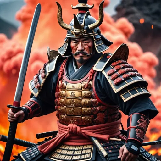 Prompt: A close up view of a fearsome and ruthless Shogun lord in full Samurai battle gear, backed by his Samurai armies, fiery reddish environment with gigantic volcanic eruption from behind the scene, vivid color, epic realism intricate details, HDR, beautifully shot, hyperrealistic, sharp focus, 64 megapixels, perfect composition, high contrast, cinematic, atmospheric, moody, panoramic, bokeh, image captured with Hassleblad, realistic
