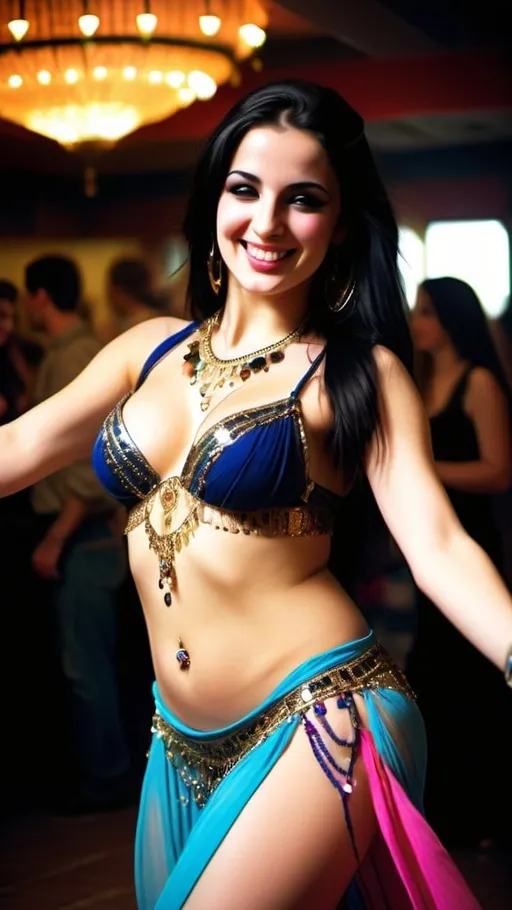 Prompt: Stunningly beautiful smiling 21 years old belly dancer girl, full laced Harem dress with avant-garde accessories, beautiful large bosoms, perfect body, slim tummy, free flowing long black hair, perfect composition, dancing, encoring crowds, vivid colors, warm glittering lights, romantic mode, high contrast, epicanthic fold, cinematic, panoramic, atmospheric, 64 megapixels, Cinematic film still, shot on v-raptor XL, film grain, vignette, color graded, post-processed, cinematic lighting, 35mm film, live-action, best quality, atmospheric, a masterpiece, epic, stunning, dramatic